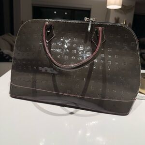 Arcadia Glossy Gray Satchel with Red Trim